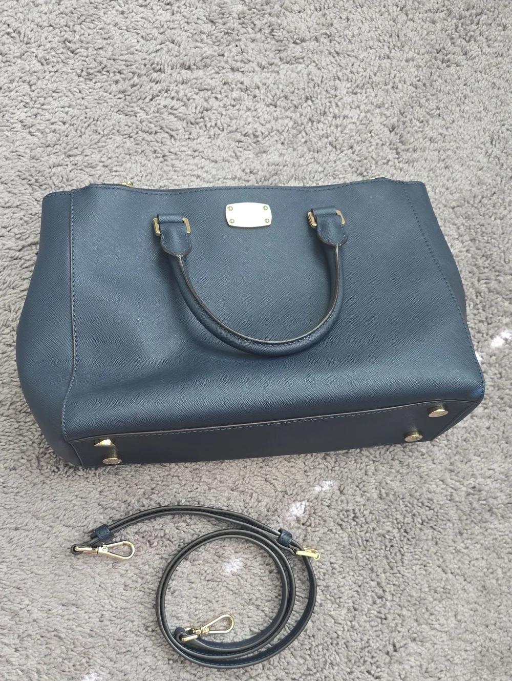 Michael Kors Navy Saffiano Satchel with Gold Hardware